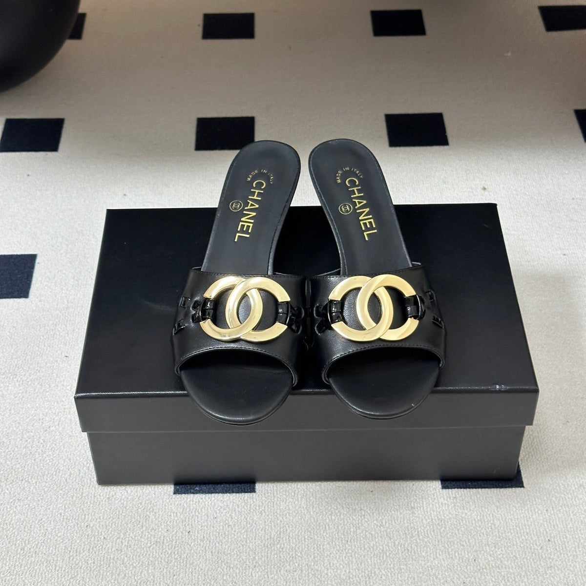 CC 26S High Heel Mule in Black Lambskin with Gold-Tone CC Logo