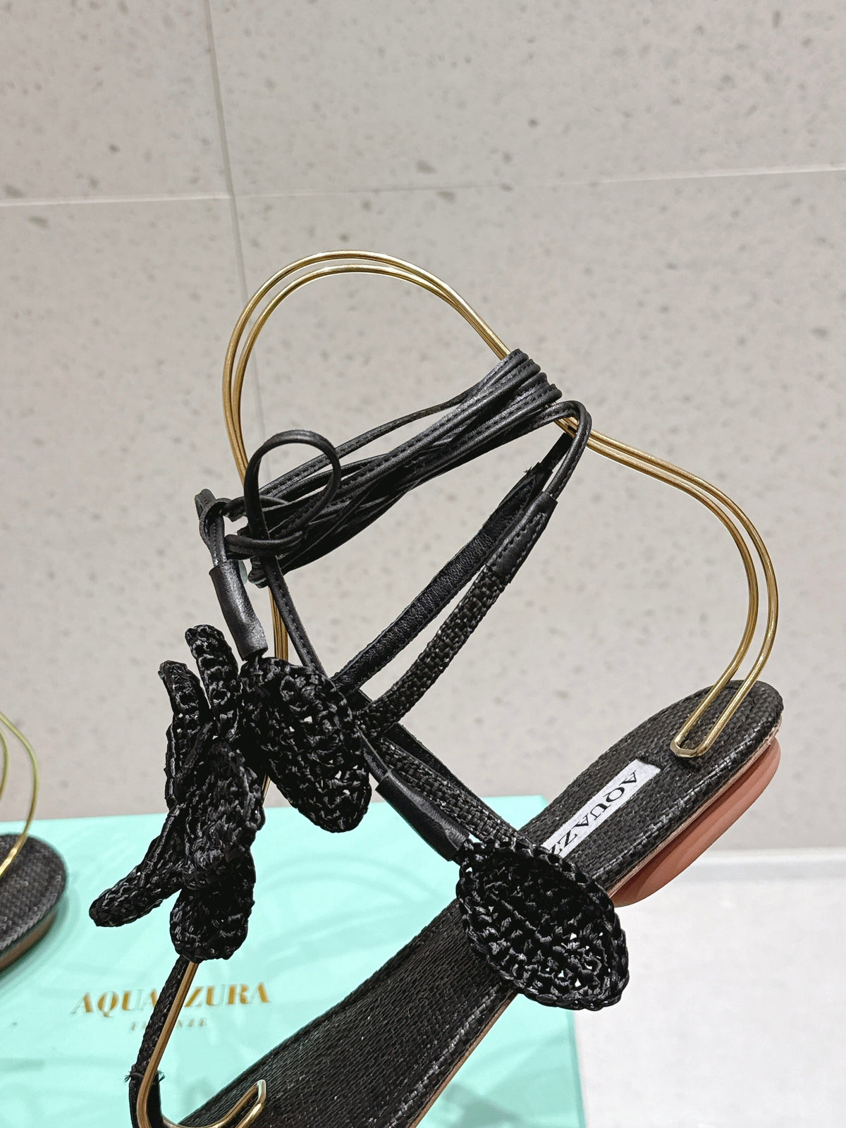Aquazzura 26s Floral Thong Sandals Black Woven Raffia 842159