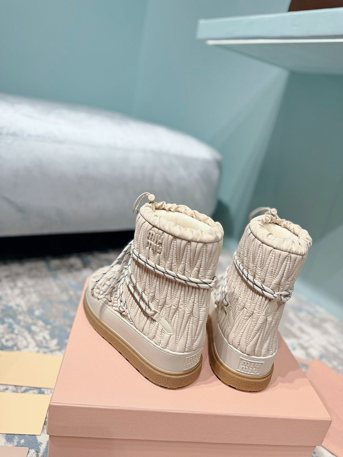Miumiu 26s Ankle Snow Boots Beige Fabric