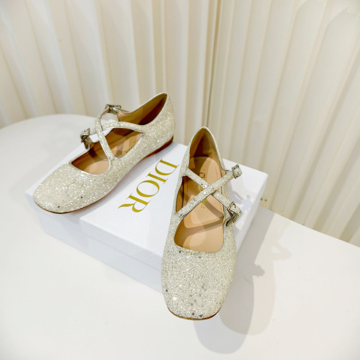 Dior 26s Mary Jane Flats Silver Sequin Embroidered Fabric