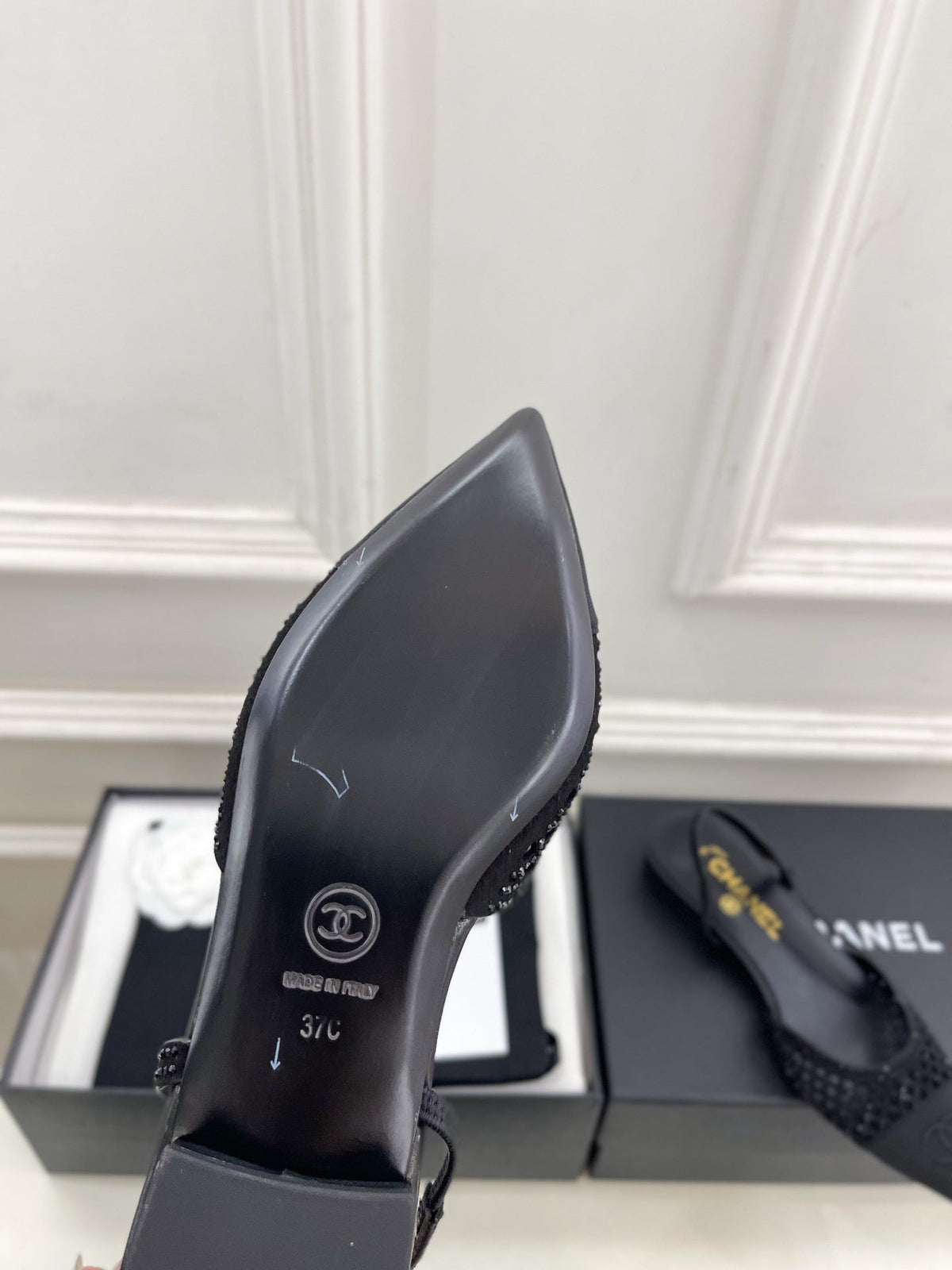 Chanel 26s Flat Pointed Toe Slingback Black Mesh