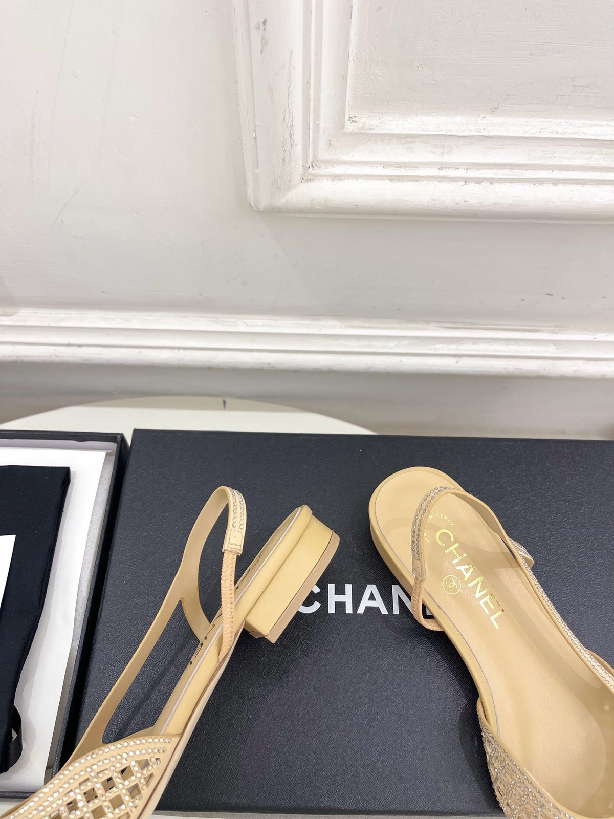 Chanel 26s Flat Pointed Toe Slingback Beige Mesh Black Toe Cap
