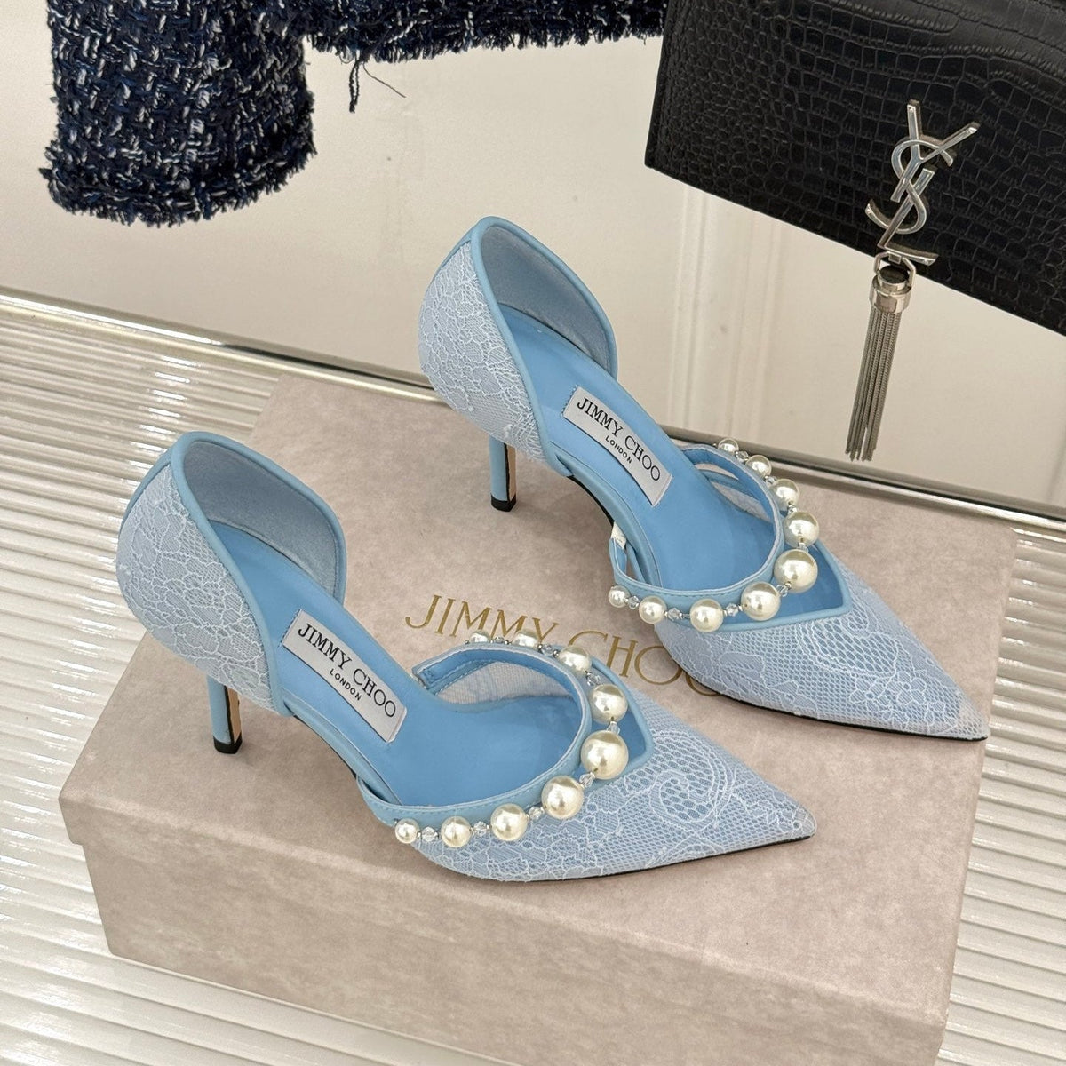Jimmy Choo 26S High Heels 8.5cm Sky Blue Lace Pearl-Embellished 583192