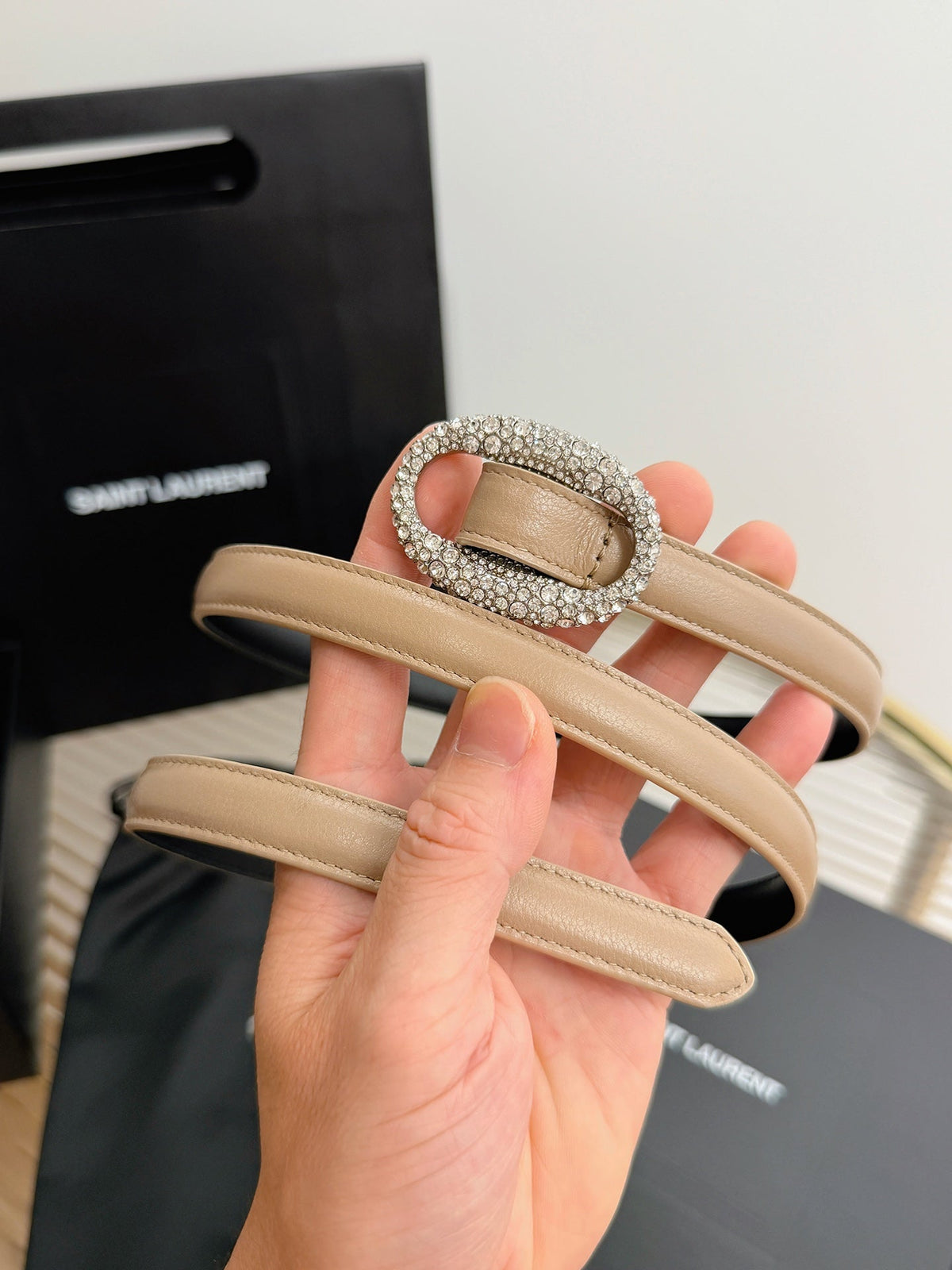 Saint Laurent 2026 Oval Belt 15mm Beige Leather 219073