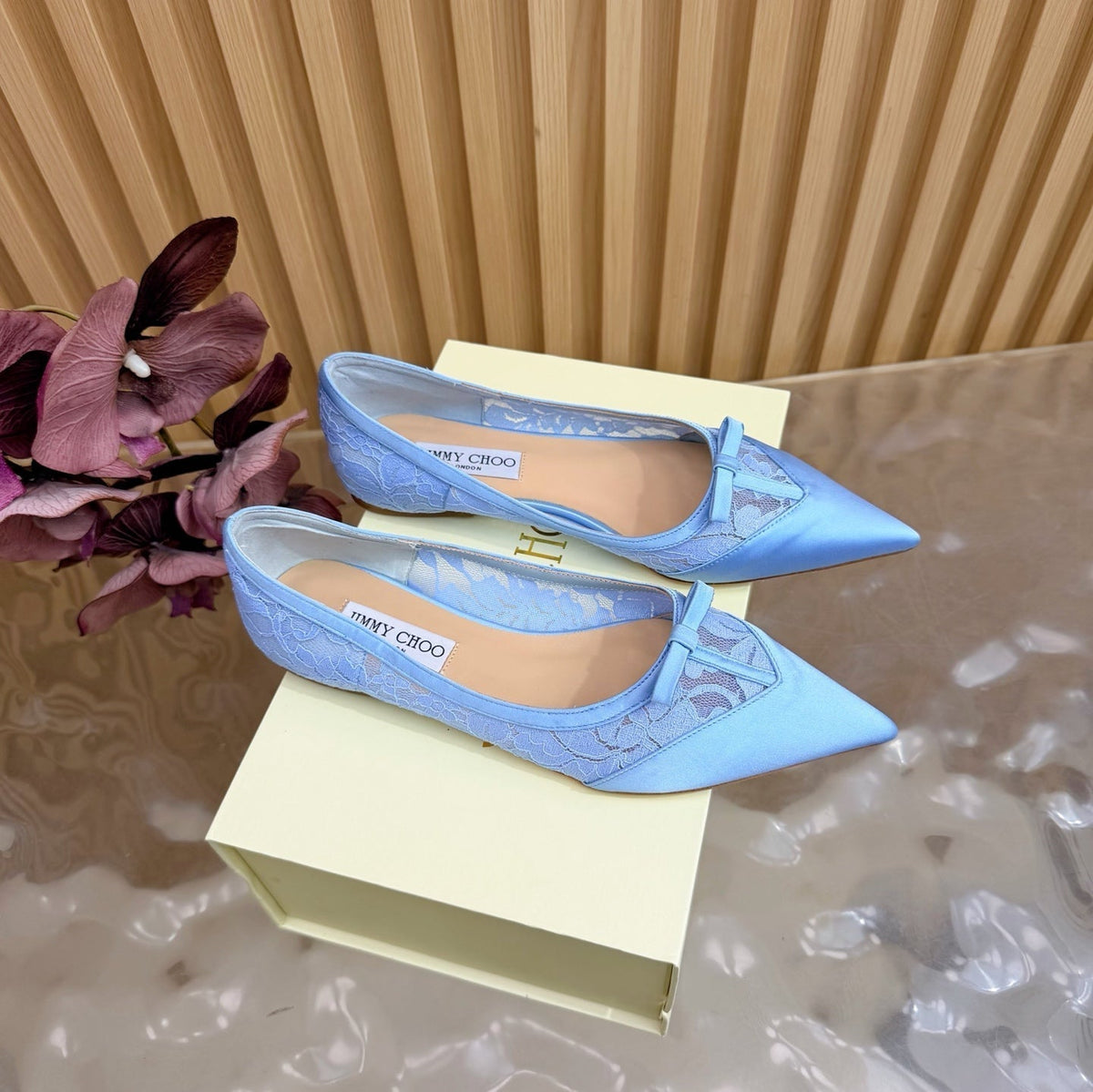 Jimmy Choo 26S Flats Sky Blue Lace And Satin 914835