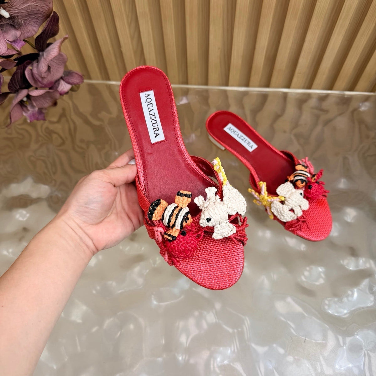 Aquazzura 26s Sandals Red Canvas With Crochet Appliques 741953