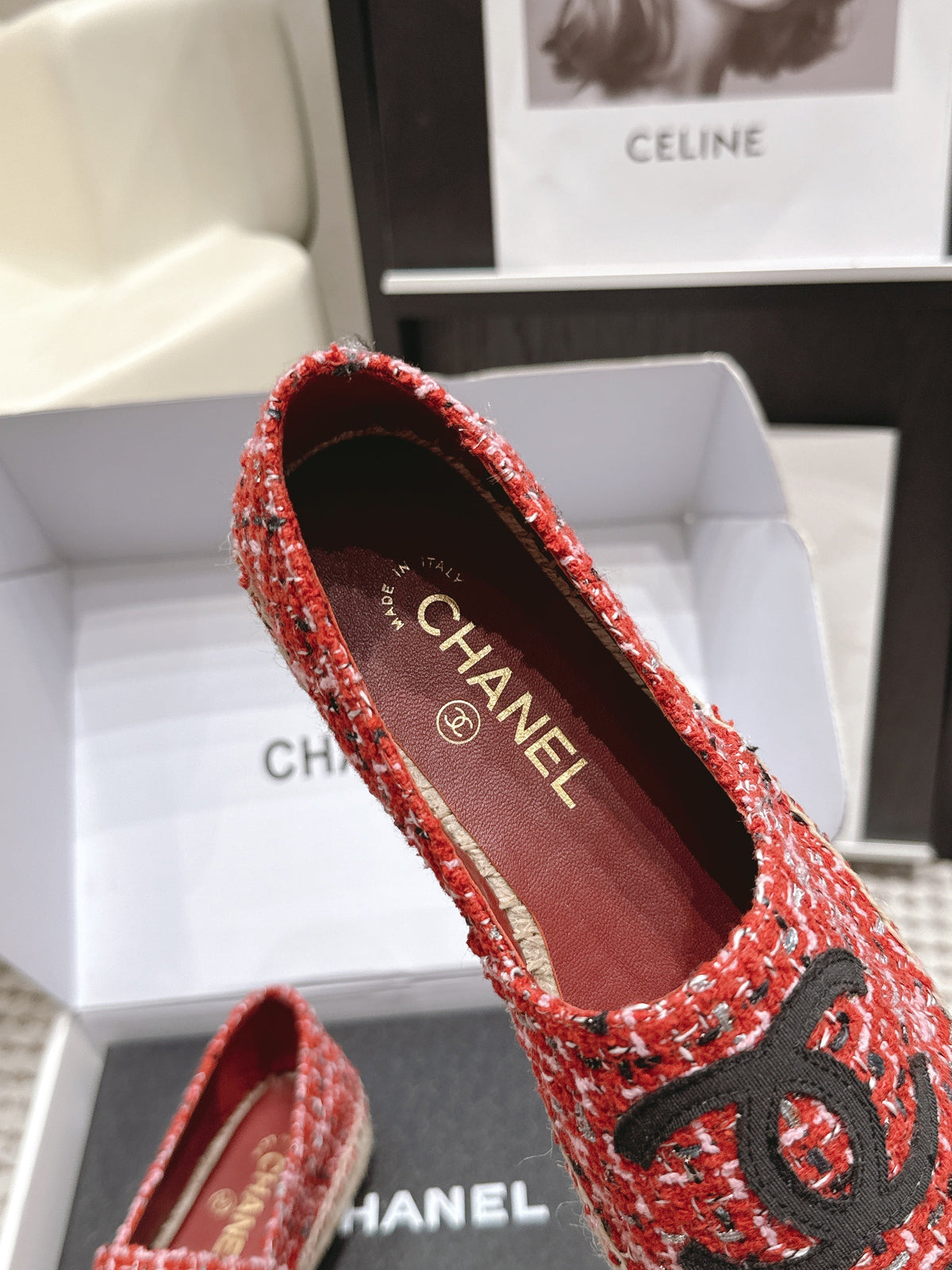 CC 26S Slip-Ons in Red Mix Black Tweed and Patent Calfskin