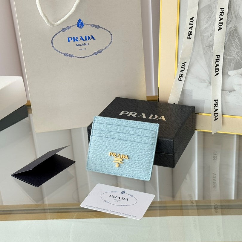 Pra Gold Logo-Stamp Card Holder Light Blue Saffiano Leather