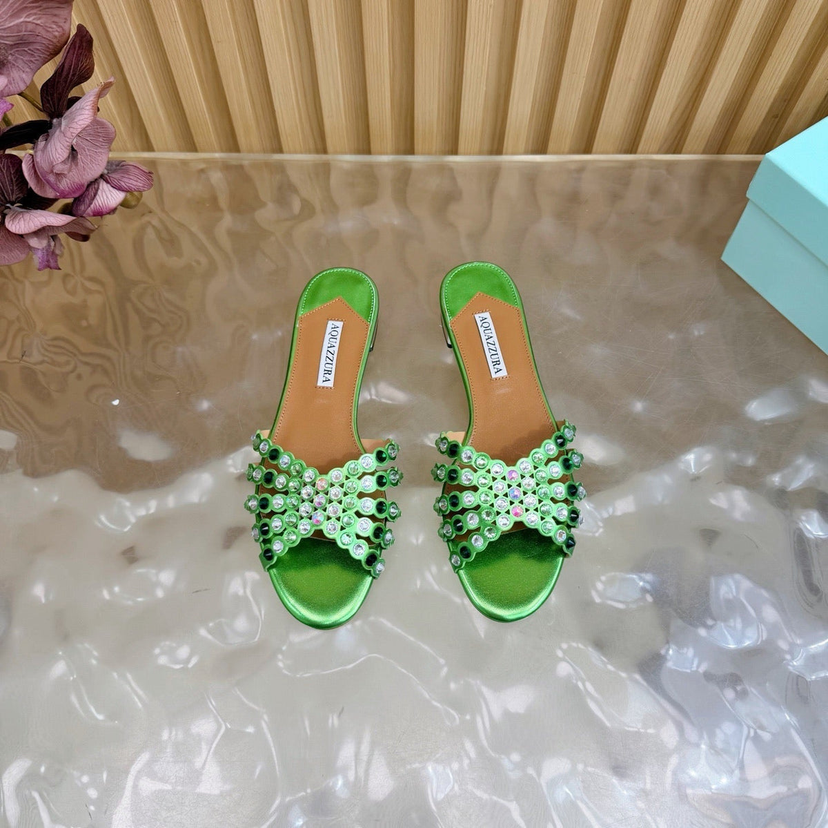 Aquazzura 26s Slides Green Lambskin Crystal Embellished 741935