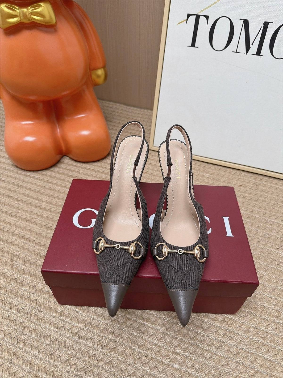 Gucci 26s Slingback Heels 10.5cm Dark Brown Canvas Mix Lambskin