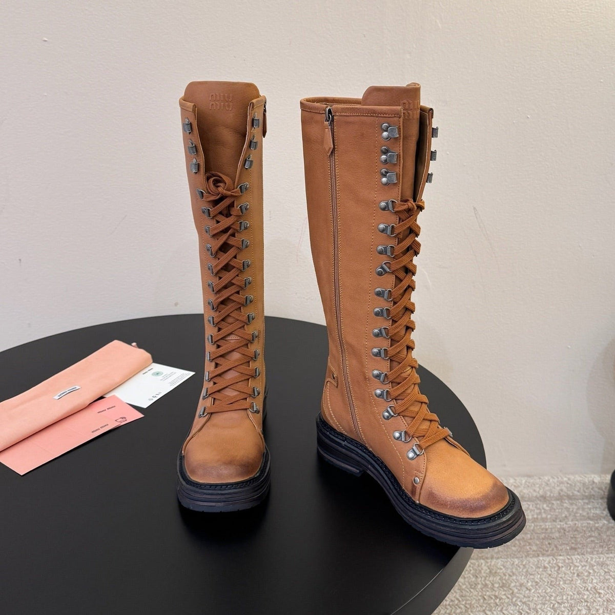 Miumiu 26s High Hiking Boots Camel Brown Calfskin