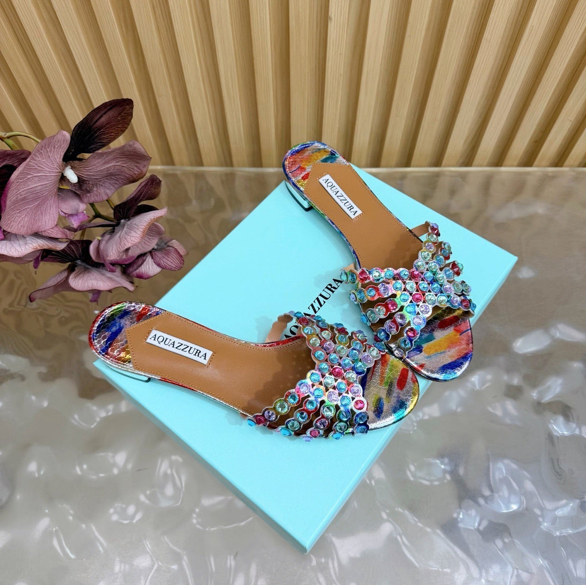 Aquazzura 26s Slides Multicolor Snakeskin Embossed Leather 924158