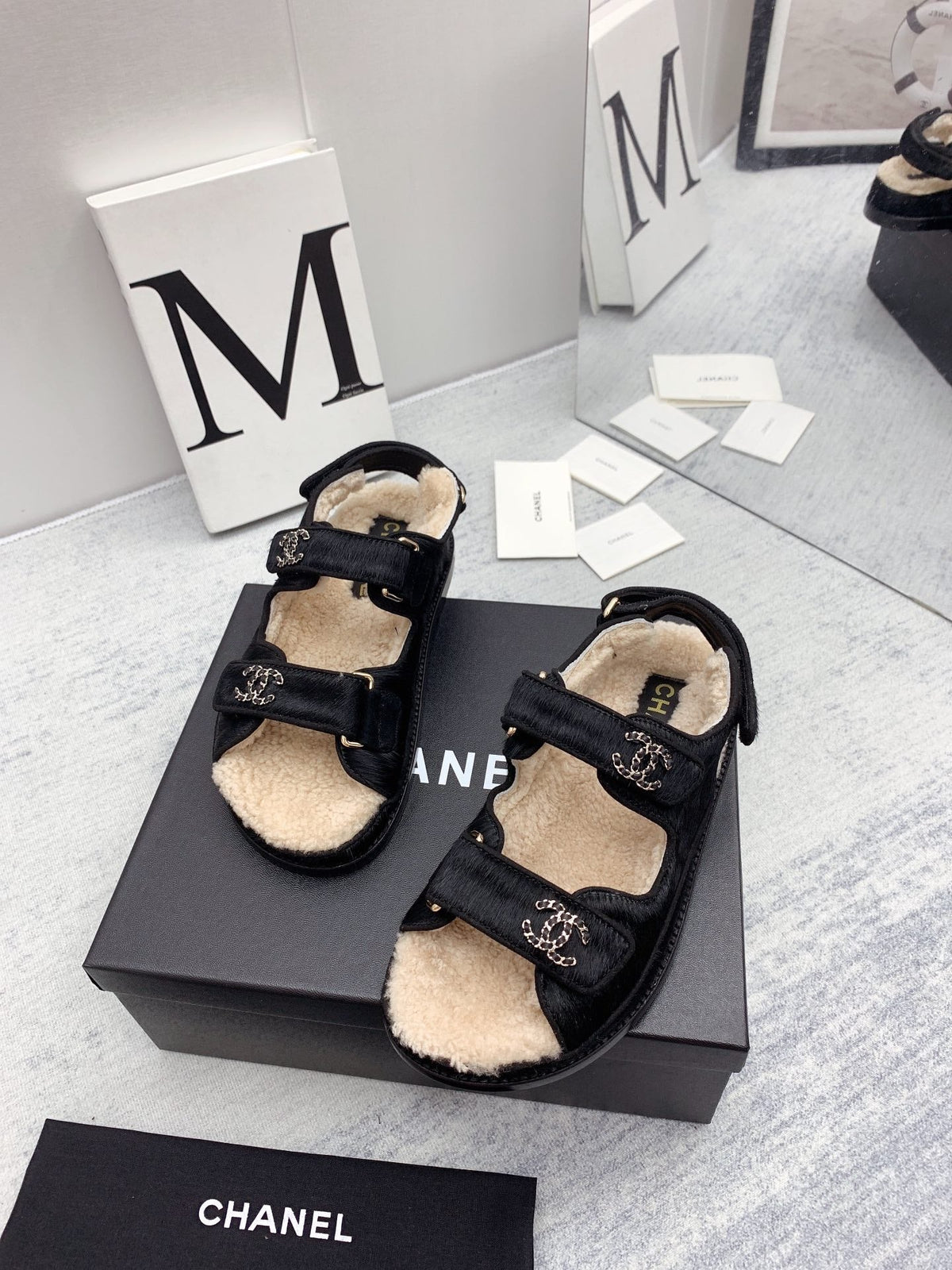 CC 26FW Shearling Sandals Triple Straps Pony Hair 161805