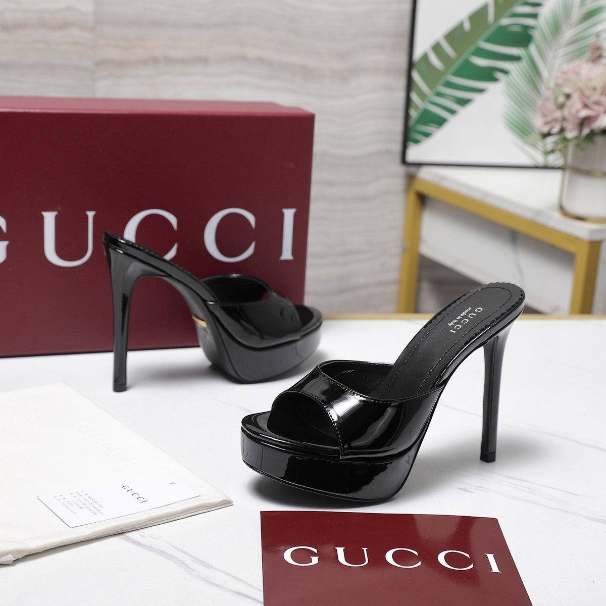 Gucci 26s Heeled Slide Sandals 12cm Black Patent Calfskin