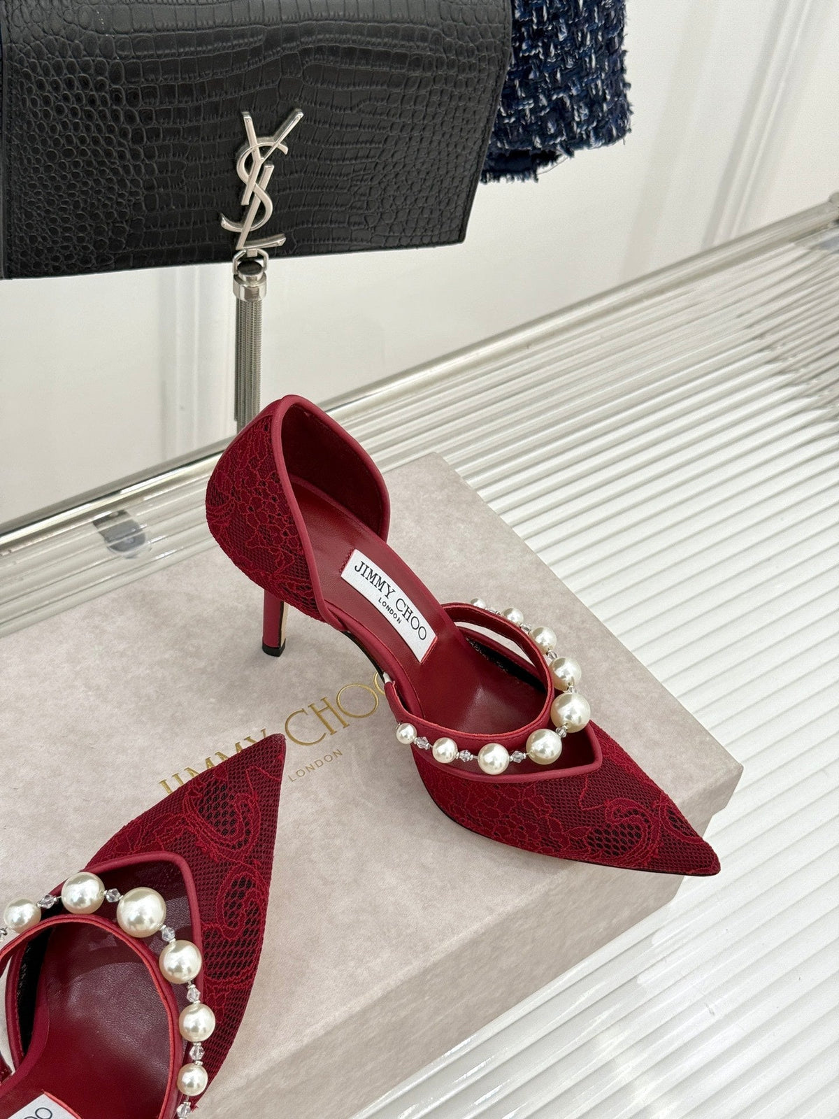 Jimmy Choo 26S High Heels 8.5cm Dark Red Lace Pearl-Embellished 629147