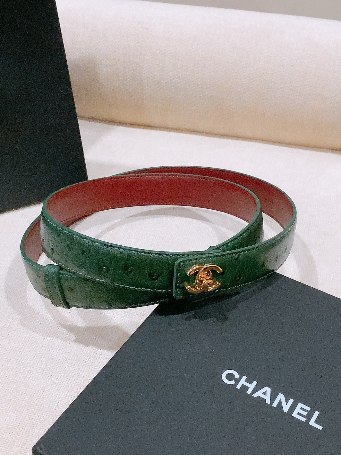 CC 26FW Double C Twist Buckle Belt 25mm Embossed Green Cowhide Leather 218900