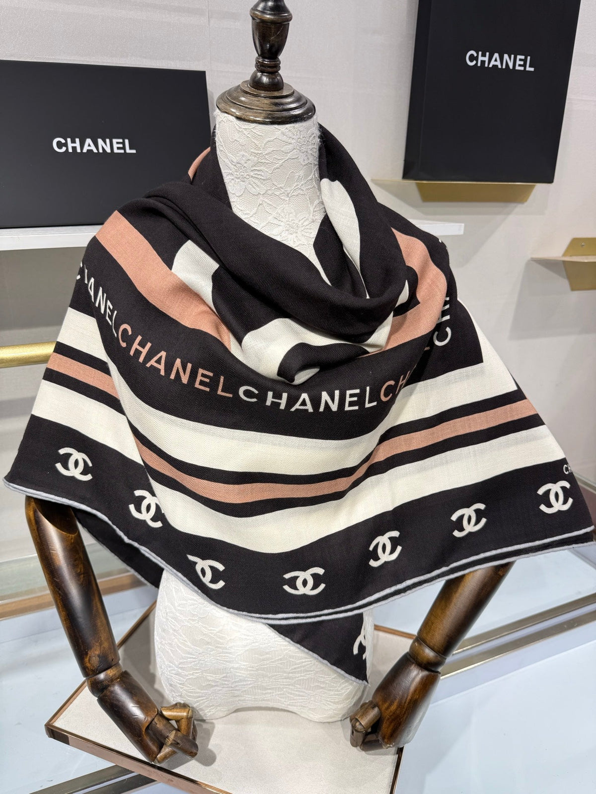 Chanel 2026 CC Logo Square Scarf Black Silk Cashmere 219223