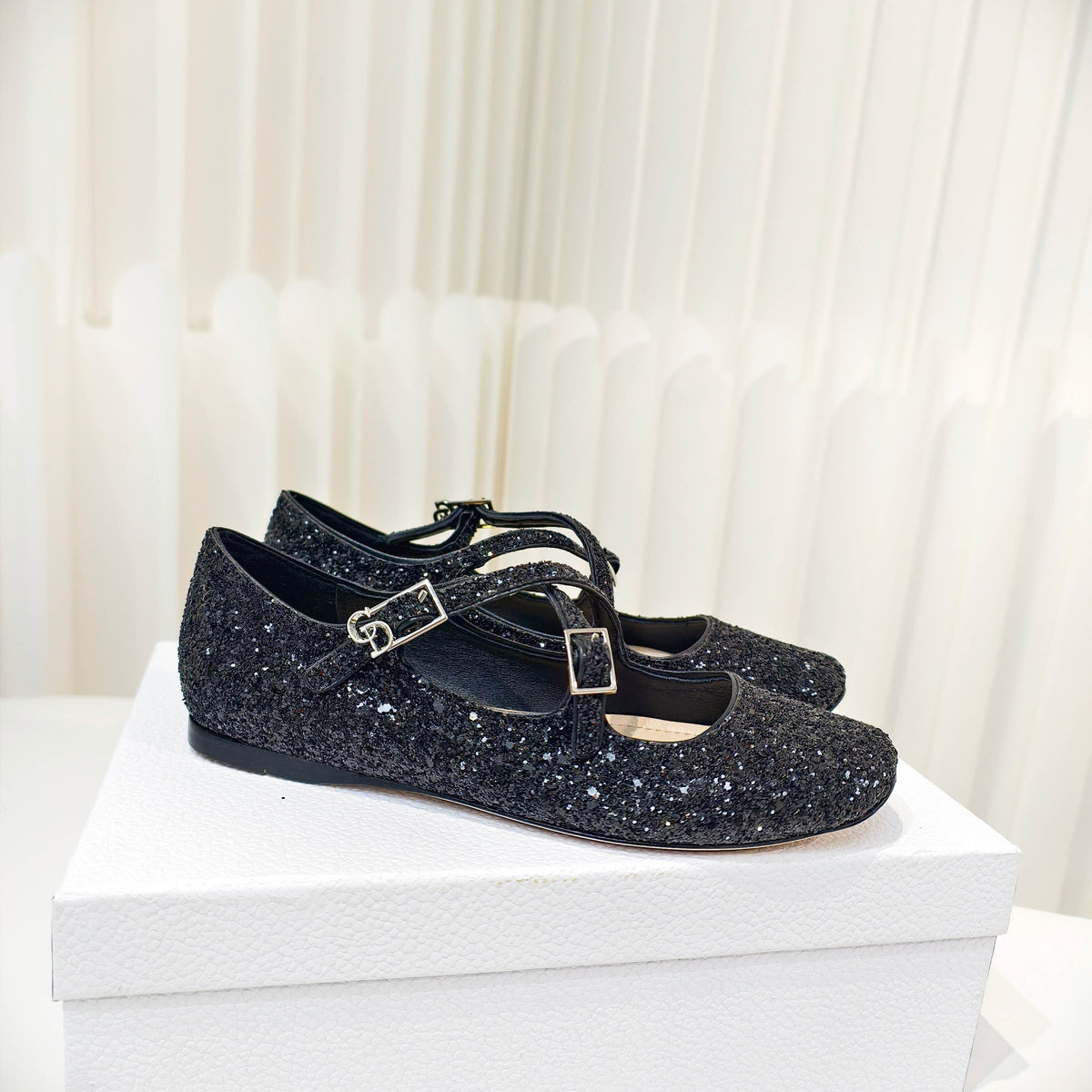 Dior 26s Mary Jane Flats Black Sequin Embroidered Fabric
