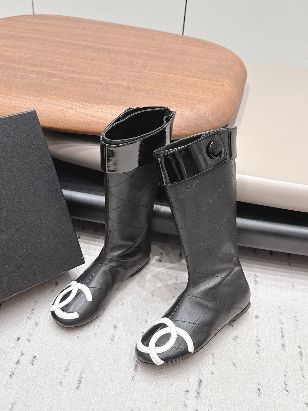 Chanel 26s Knee High Boots Black Quilted Calfskin Patent Cuff