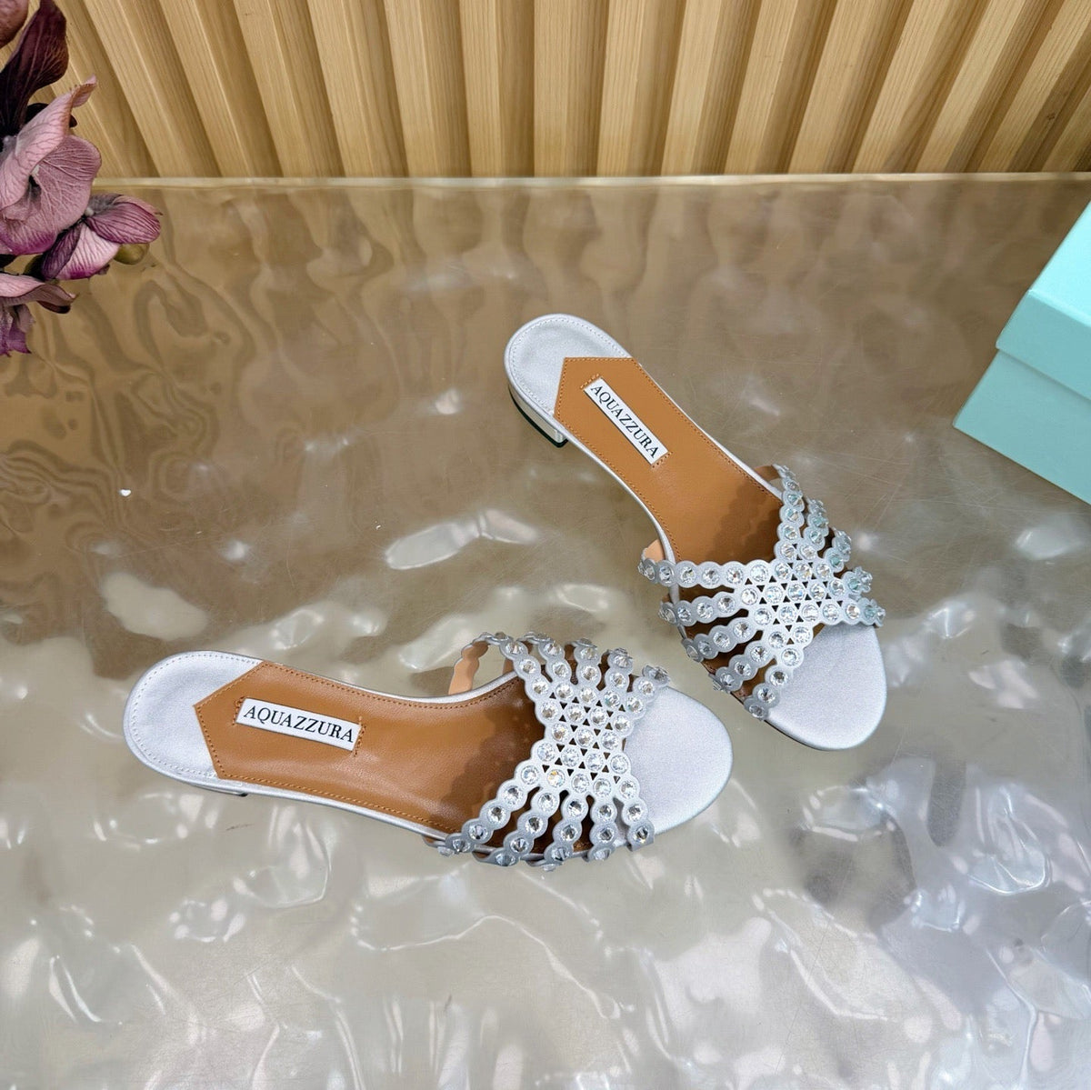 Aquazzura 26s Slides Silver Calfskin Crystal-Embellished Straps 729415