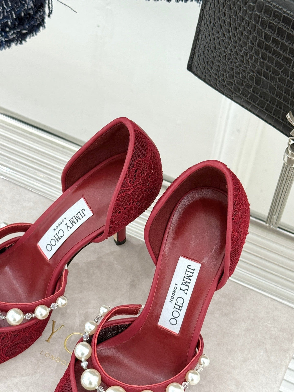 Jimmy Choo 26S High Heels 8.5cm Dark Red Lace Pearl-Embellished 629147