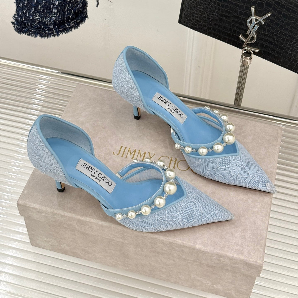 Jimmy Choo 26S High Heels 6.5cm Sky Blue Lace Pearl-Embellished 824915