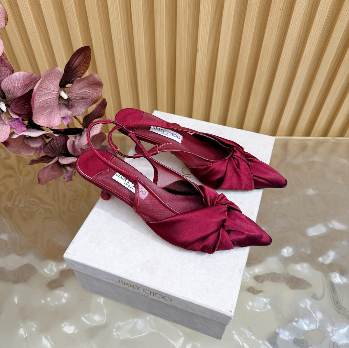 Jimmy Choo 26S Slingback Heels 6.0cm Dark Red Satin With Knot Detail 384192