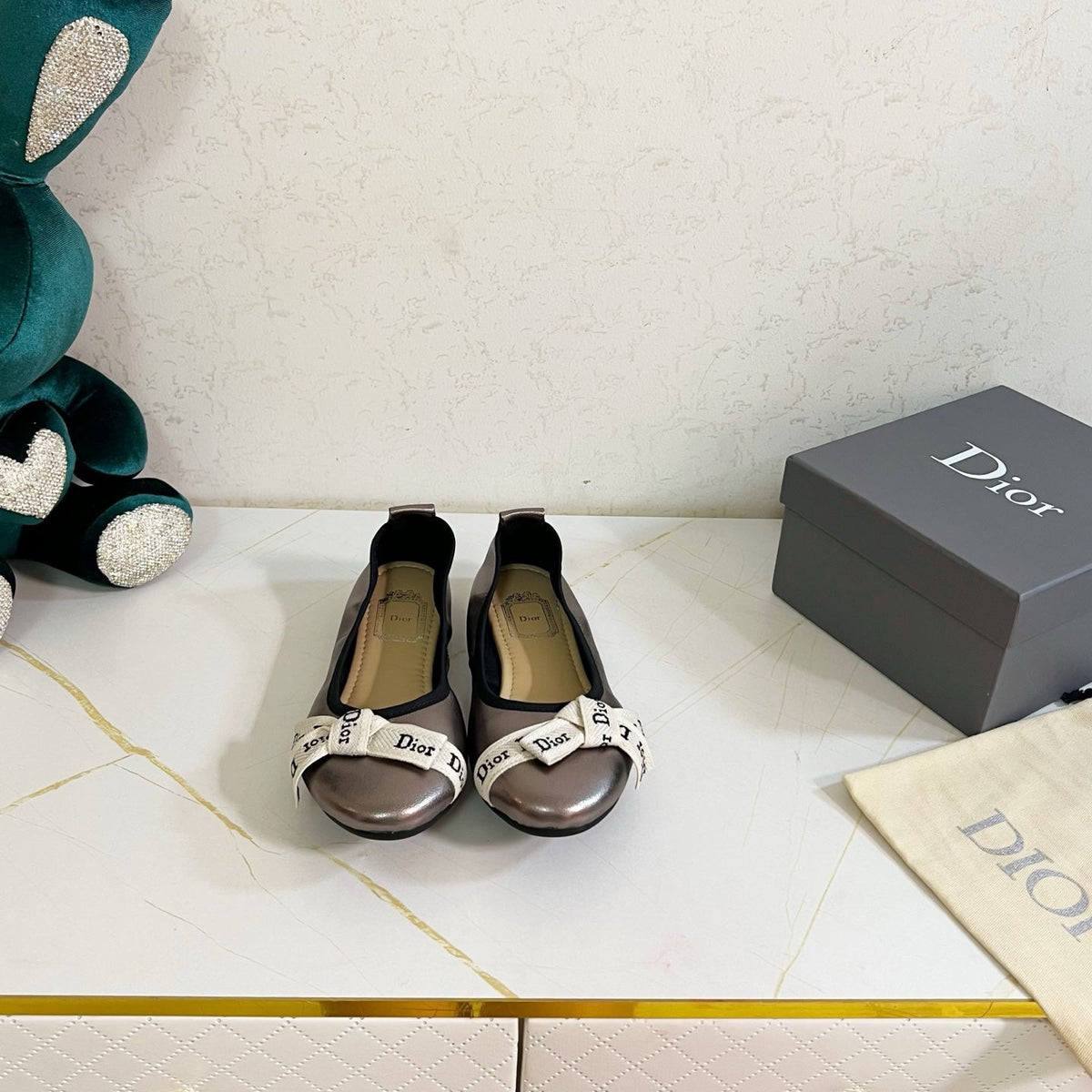 Dior 26s Bow Ballet Flats Taupe Metallic Calfskin