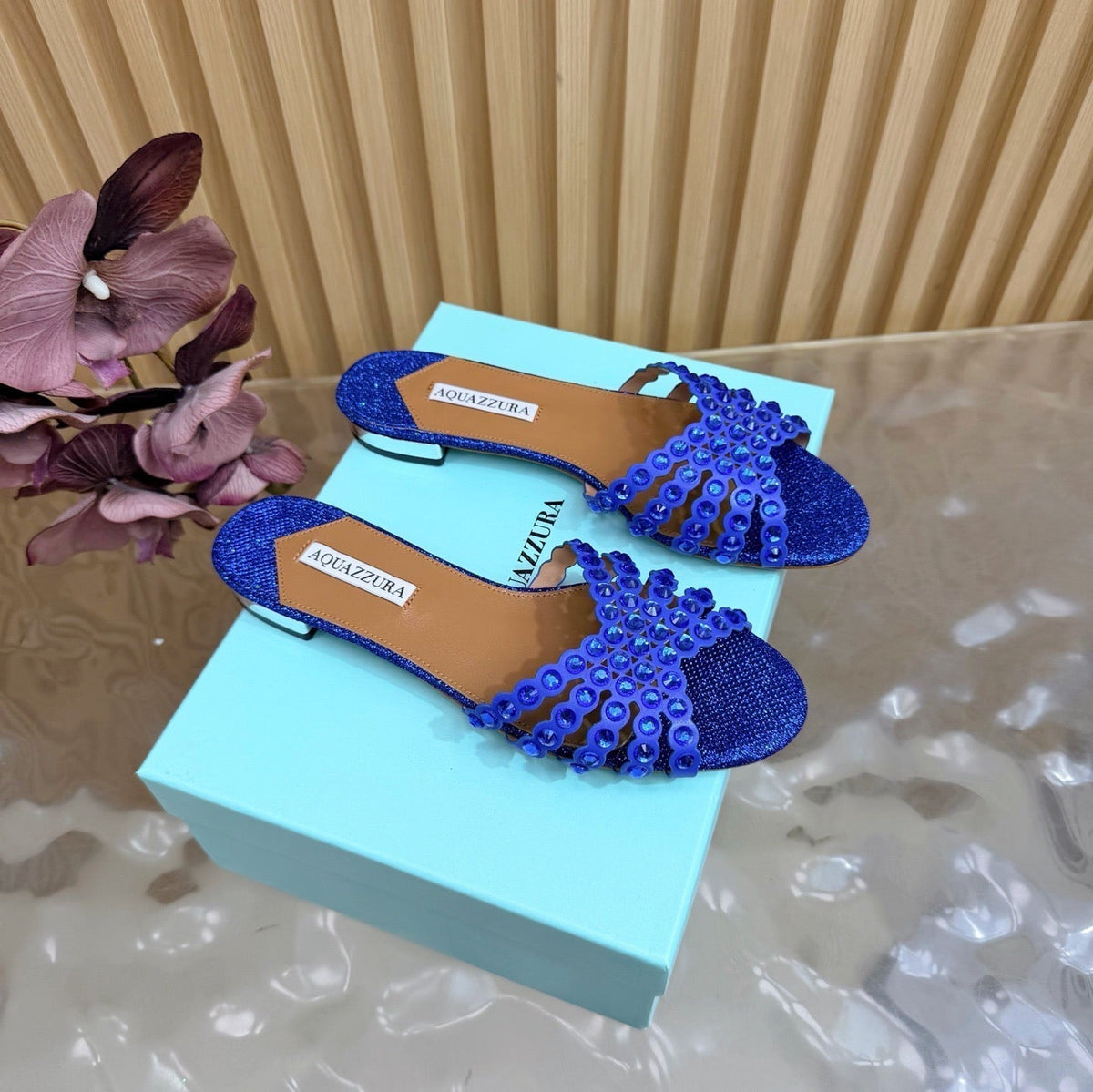 Aquazzura 26s Slides Navy Blue Lurex Fabric 614932