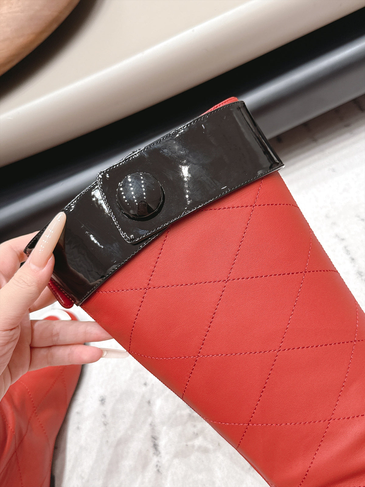 Chanel 26s Knee High Boots Red Quilted Calfskin Black Patent Cuff