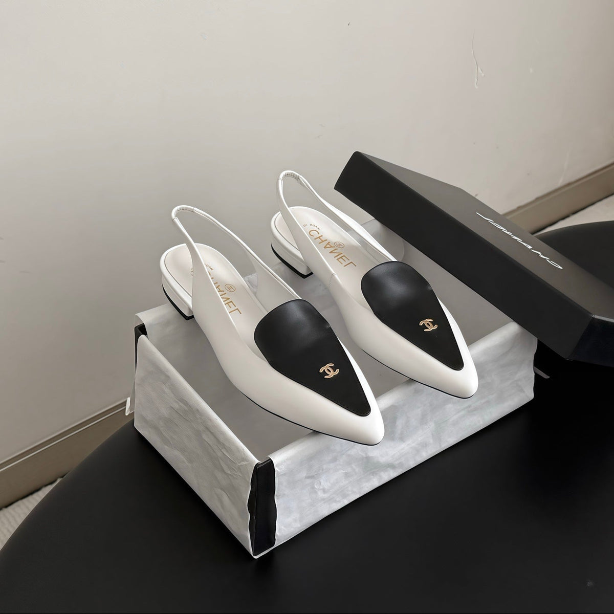 Chanel 26s Slingback Flat Black White Calfskin