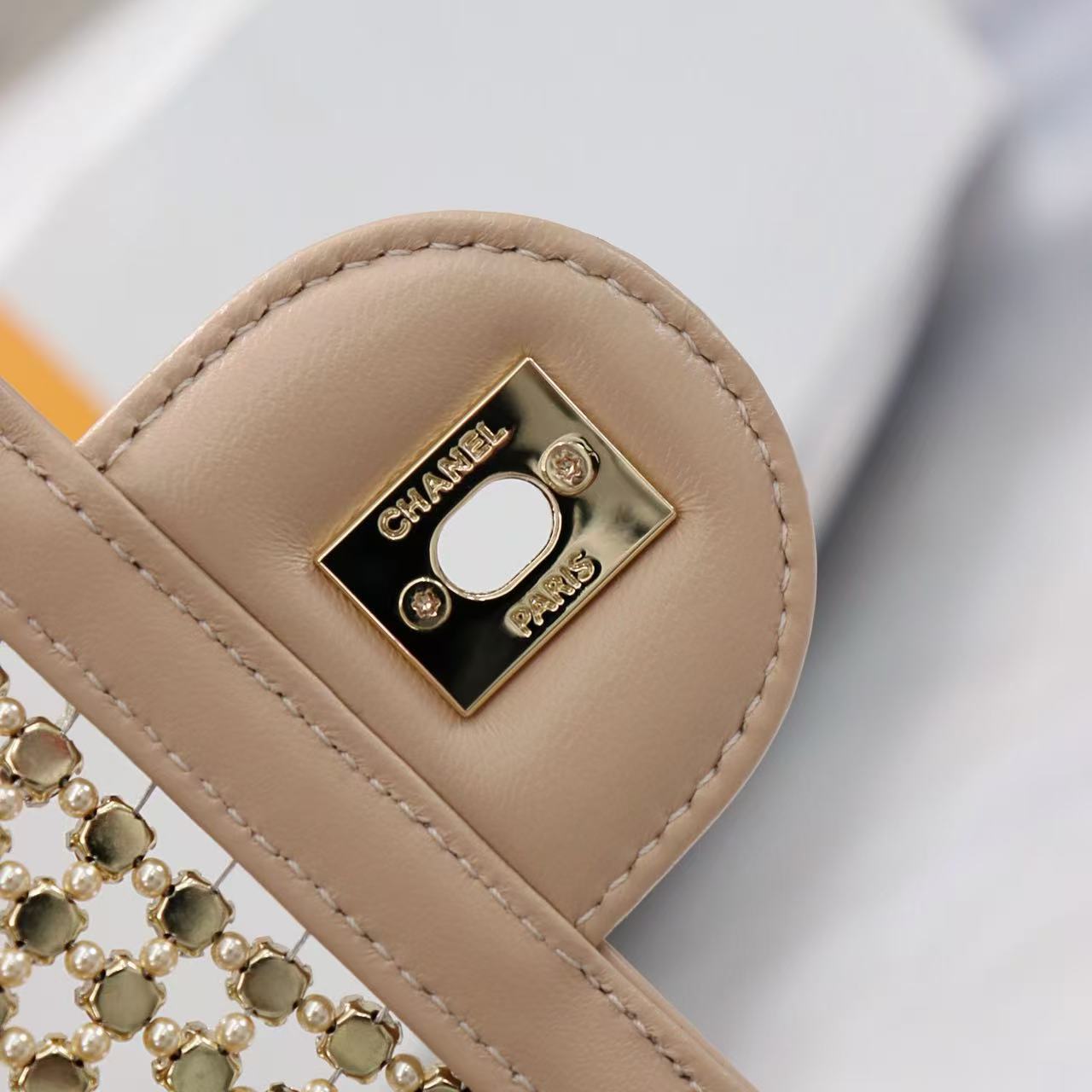 CC Crystal Flap Bag With Pouch Beige Lambskin