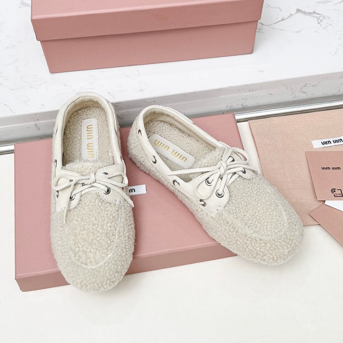 Miumiu 26s Boat Loafers Beige Shearling