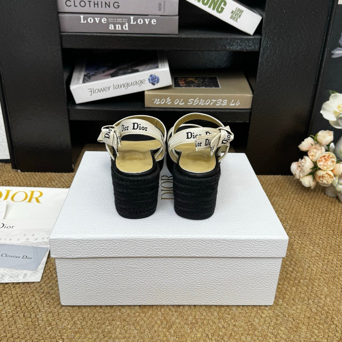Dior 26s Espadrille Wedge Sandal Black Canvas Calfskin