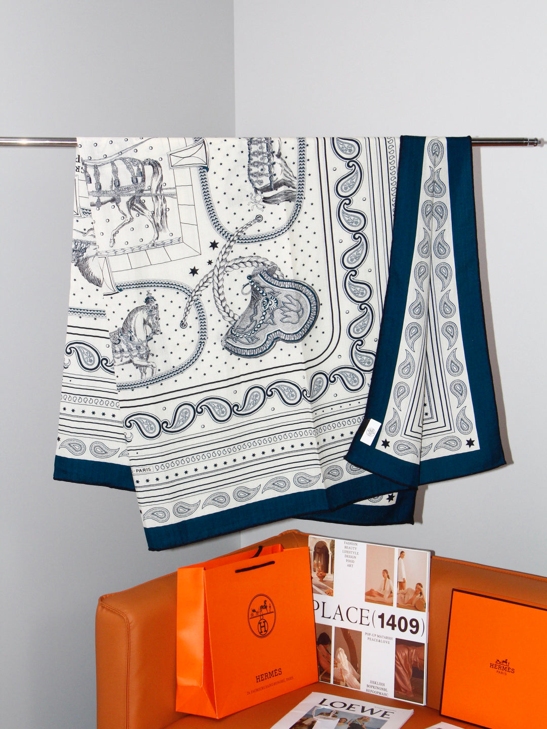 Hermès 2026 Bandana Scarf 140cm Blue Cashmere And Silk 218154