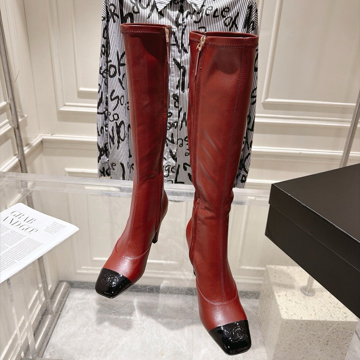 Chanel 26s High Heel Knee High Boots 8 Cm Burgundy Calfskin Black Patent Leather
