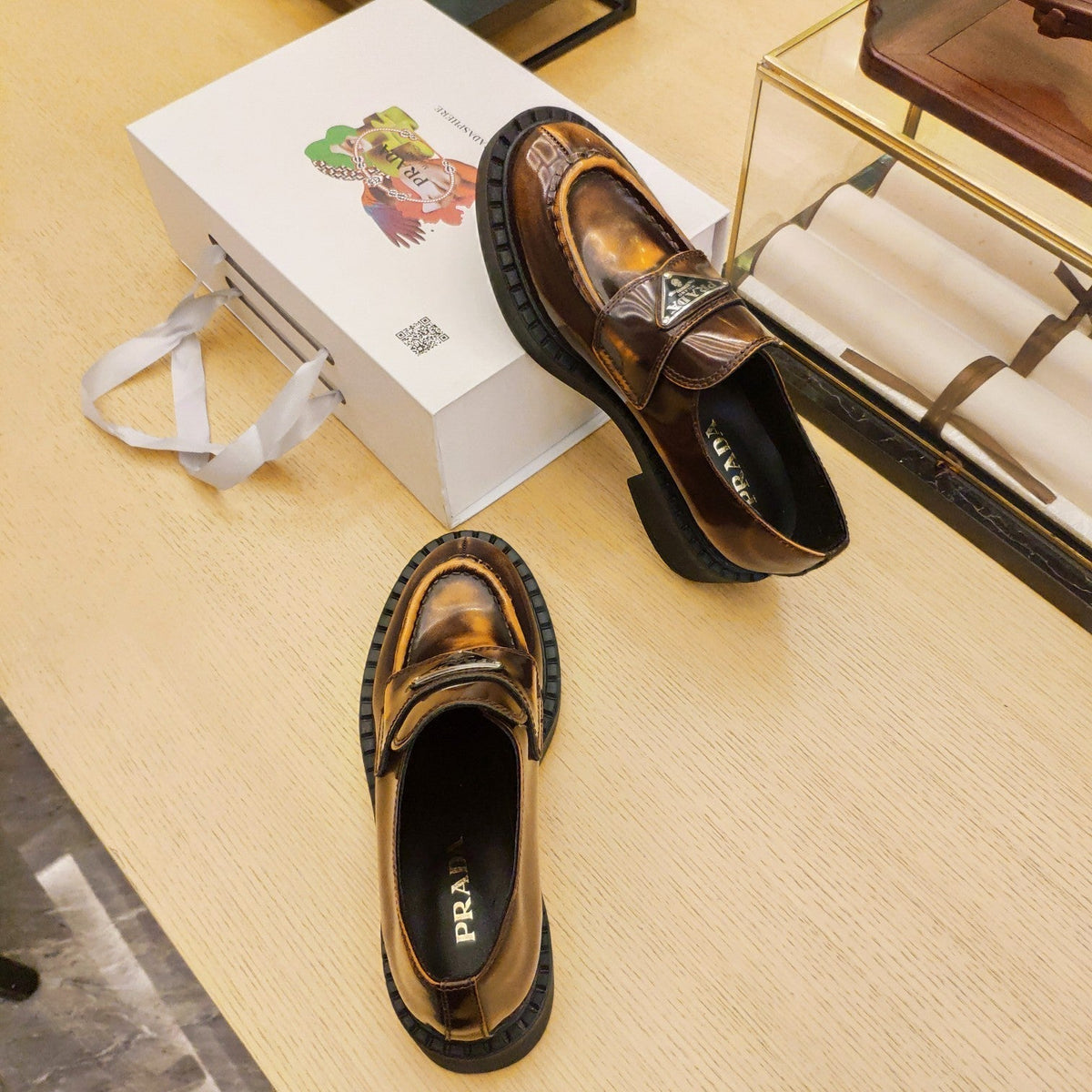 Prada 26S Penny Loafers 55mm Brown Patent Calfskin