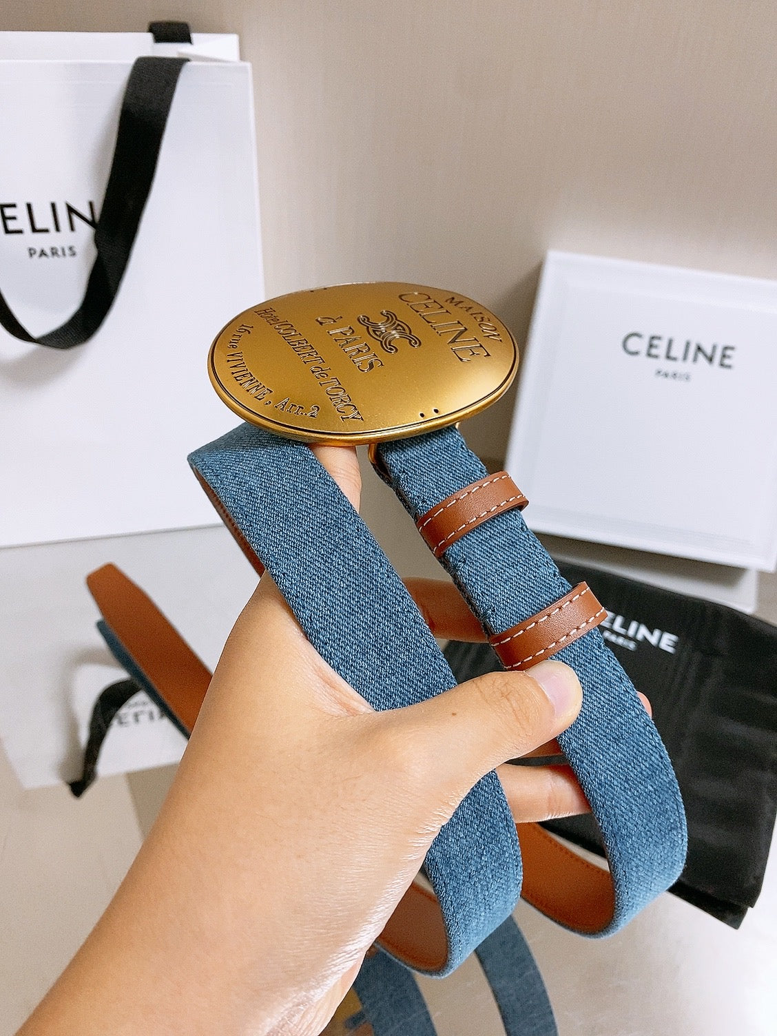 Celine 2026 Maison Oval Buckle Belt 25mm Blue Canvas Leather