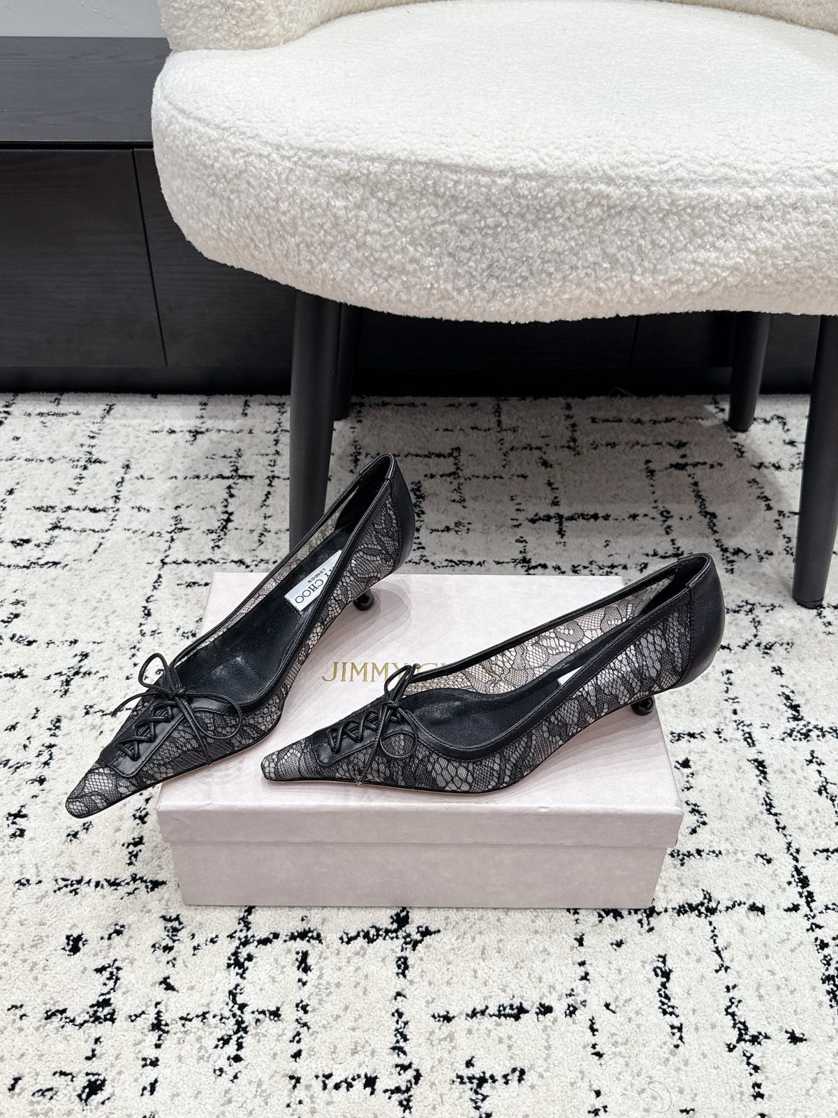 Jimmy Choo 26S Lace-Up High Heels 4.5cm Black Lace Fabric 284195