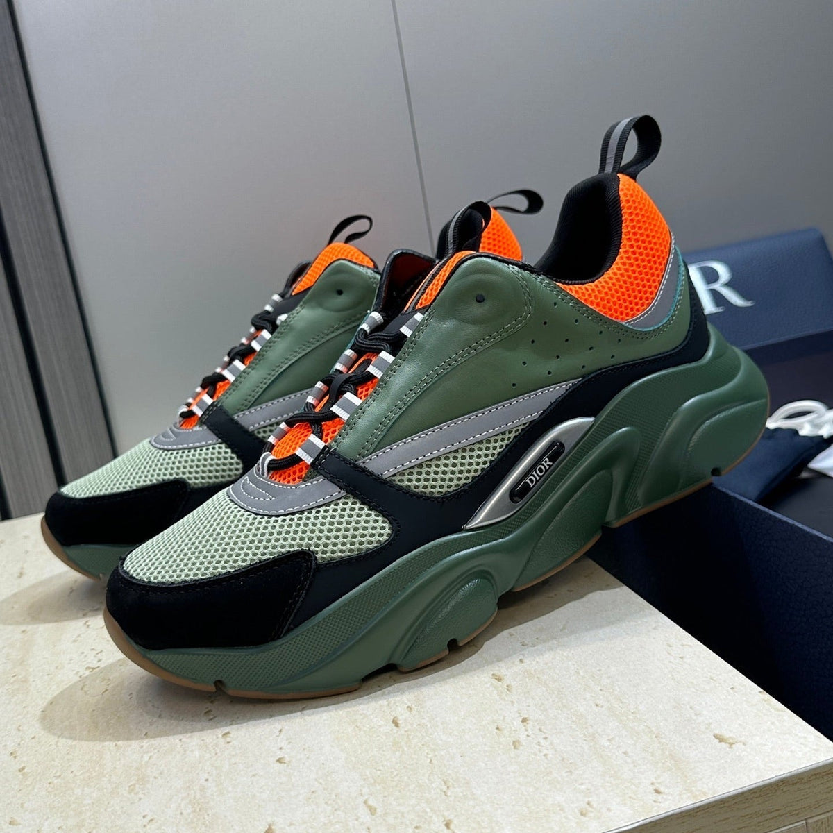 CD 26s Men B22 Sneakers Khaki Green Light Green Mesh Orange Trim 825104