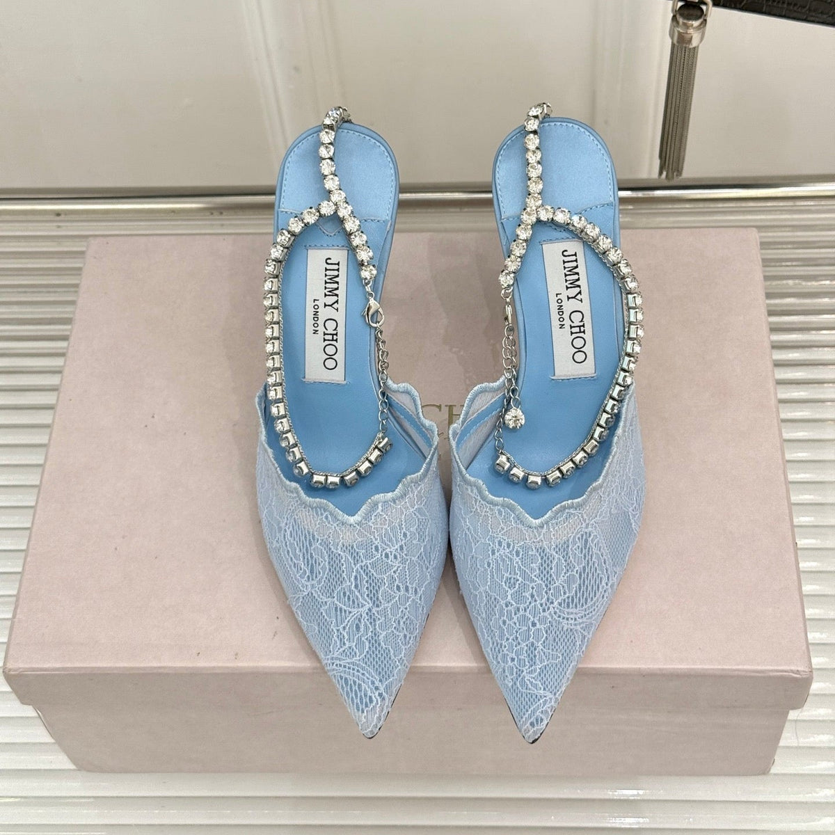 Jimmy Choo 26S Embellished High-Heeled Sandals 8.5cm Blue Lace 483195