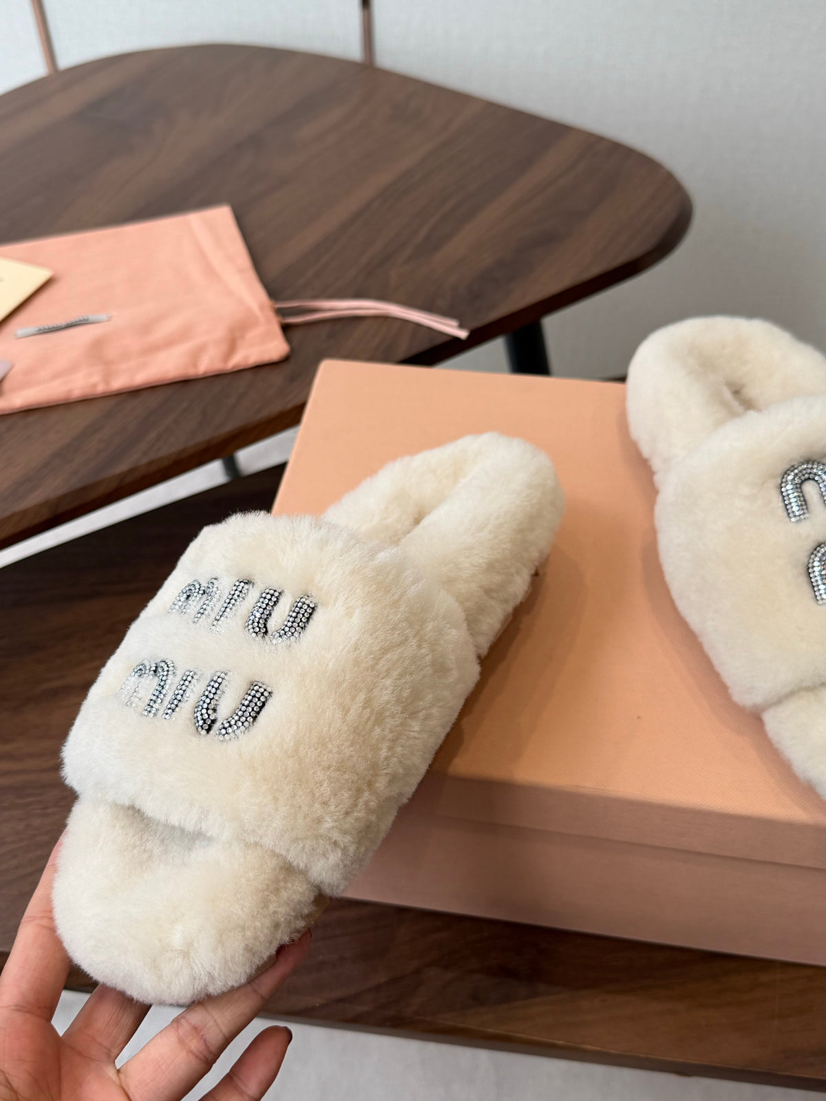 Miumiu 26s Crystal Logo Slides Light Beige Shearling
