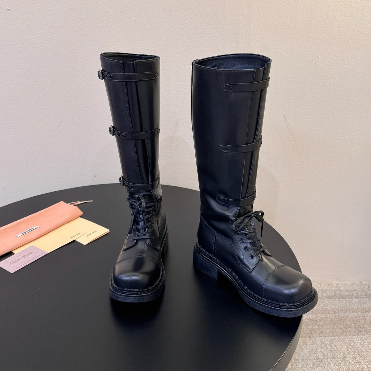 Miumiu 26s Lace-up Knee-high Boots Black Calfskin