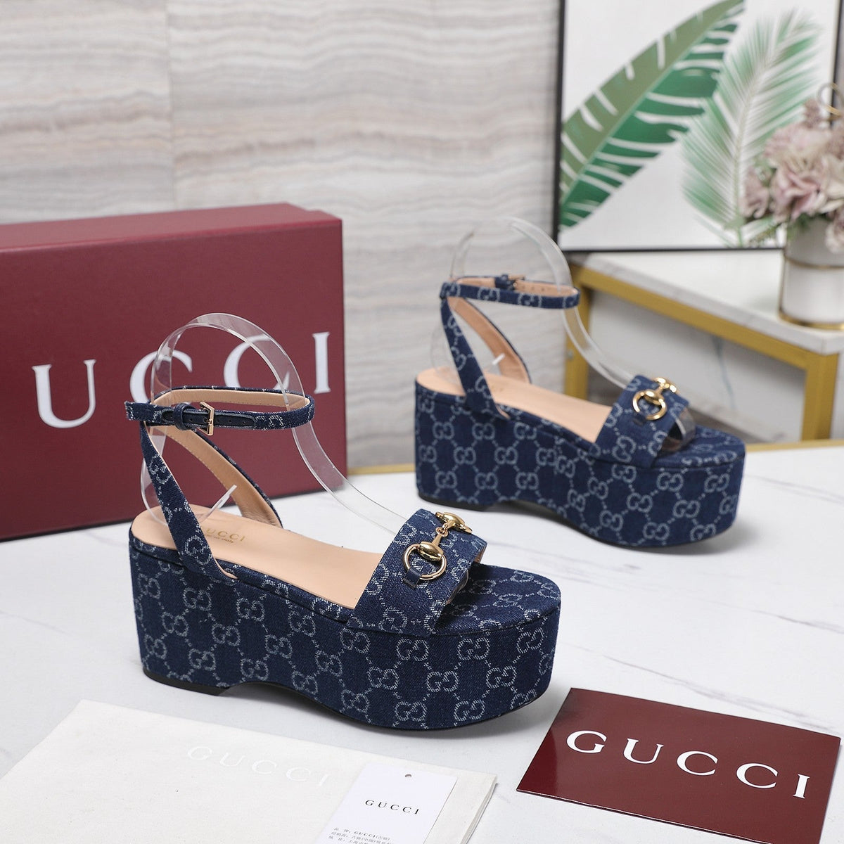 Gucci 26s Wedge Sandals 8cm Blue GG Denim Gold Hardware