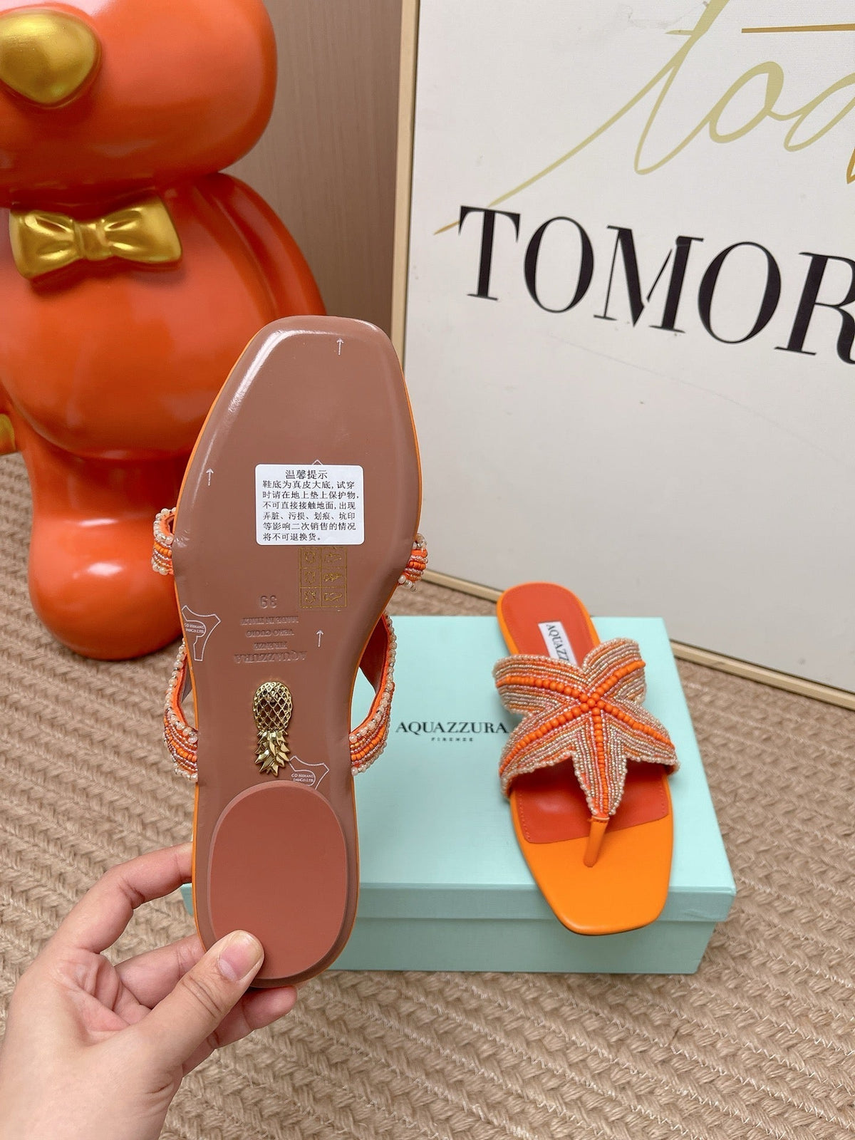 Aquazzura 26s Starfish Beaded Thong Sandals Orange Lambskin 502934