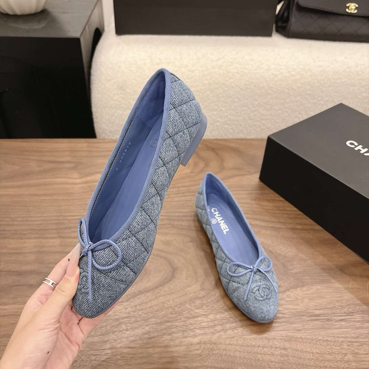 Chanel 26s Ballet Flats Blue Denim CC Logo Bow Detail