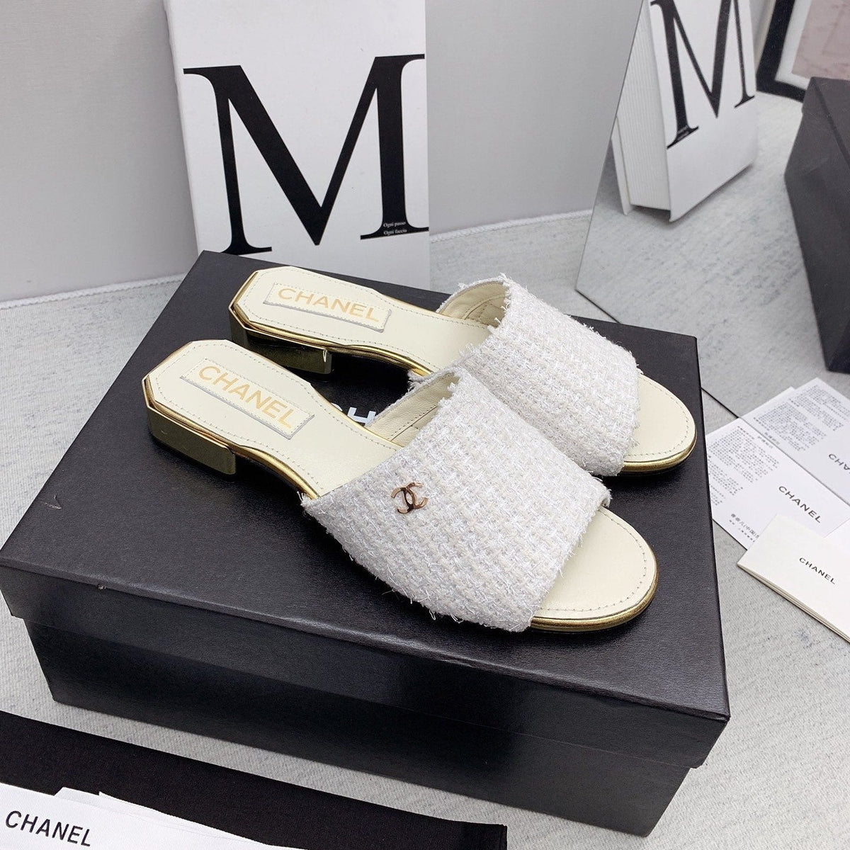 CC Slide Sandals Gold-Tone Logo Tweed 161724