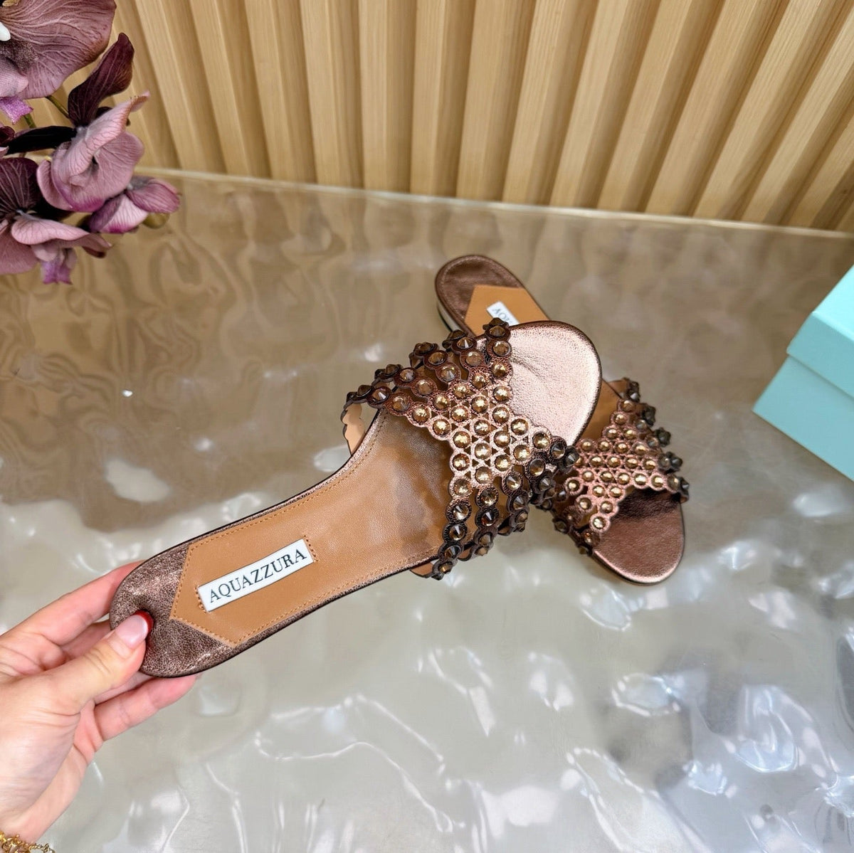 Aquazzura 26s Slides Bronze Calfskin 492015