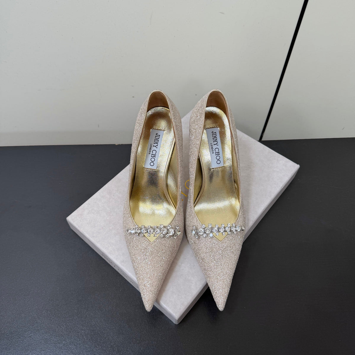 Jimmy Choo 26S Embellished High Heels 9.0cm Champagne Gold Glitter 842195