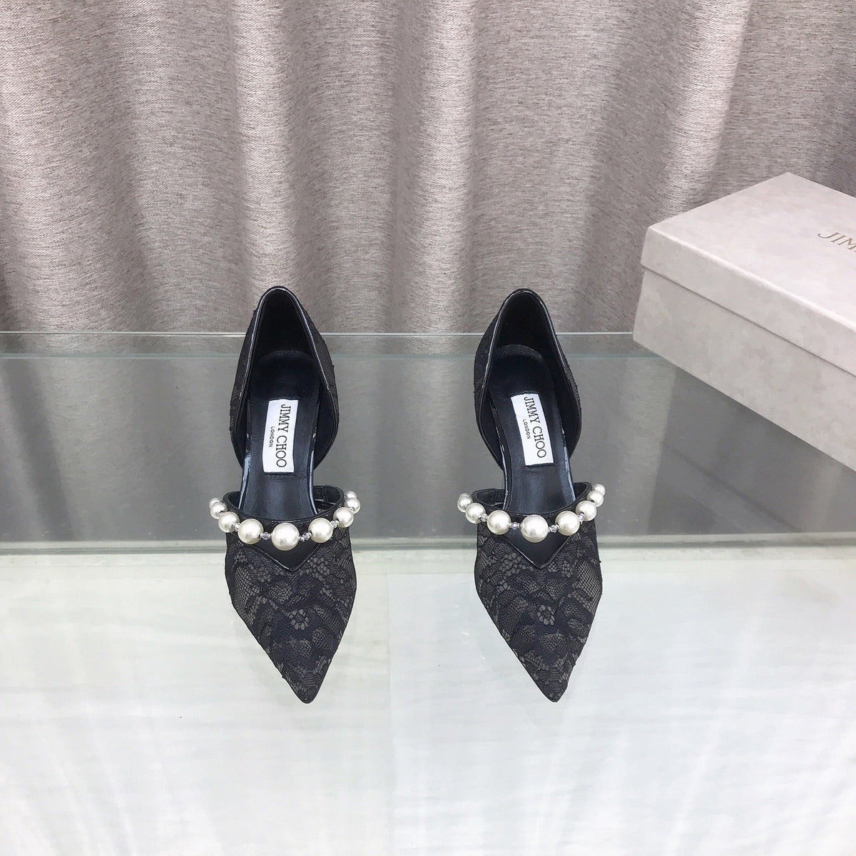 Jimmy Choo 26S High Heels 6.5cm Black Lace Pearl-Embellished 529418